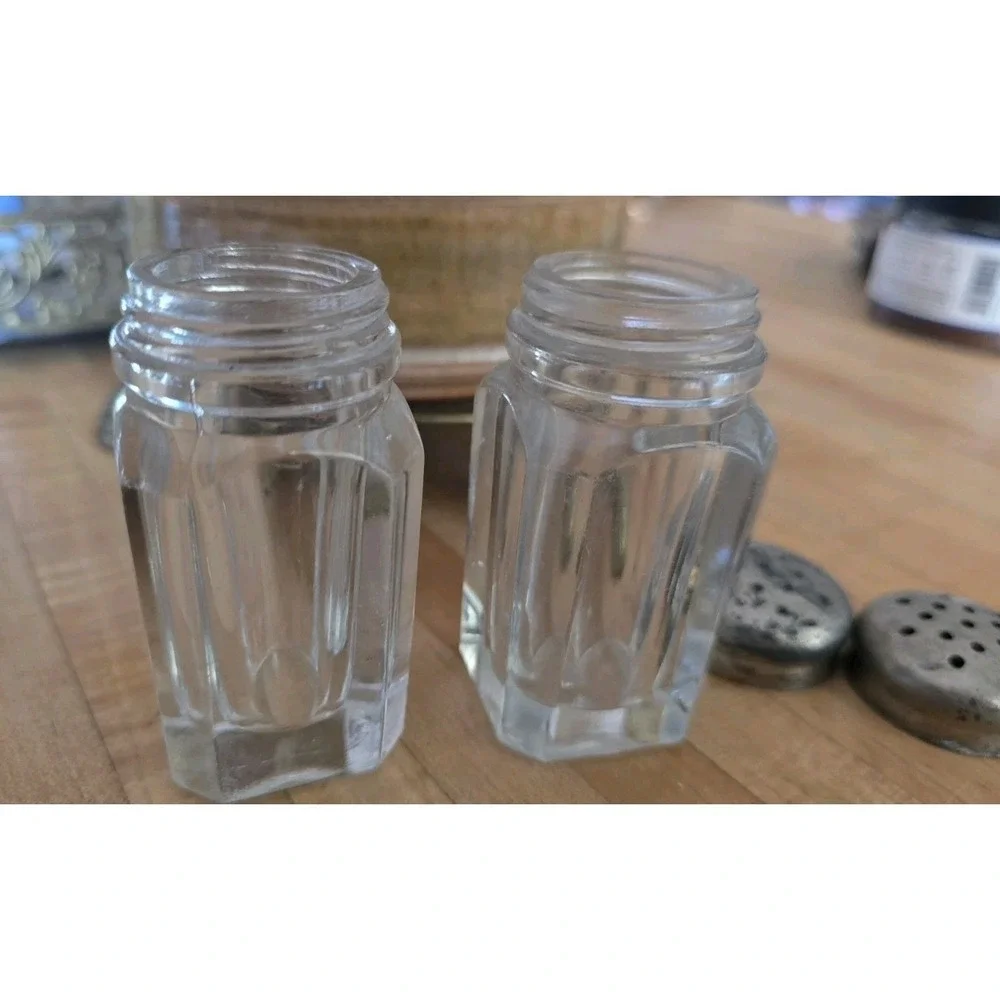 VTG Paneled Glass Salt and Pepper Shakers with Patina Metal Lids Set of 2